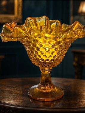 Vintage Amber Hobnail Footed Compote Ruffled Rim Fairy Lamp